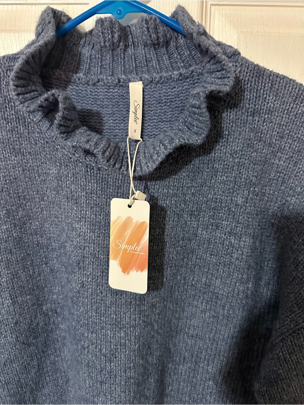 Simple Blue Ruffled Mock Neck Sweater - Picture 2 of 3